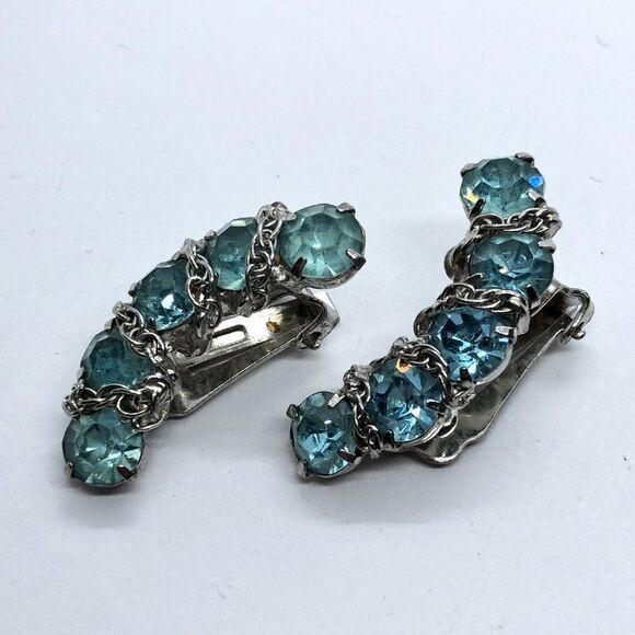Gorgeous Vintage Prong Set Aqua Blue Rhinestone Clip On Chain Accent Earrings - Picture 3 of 6